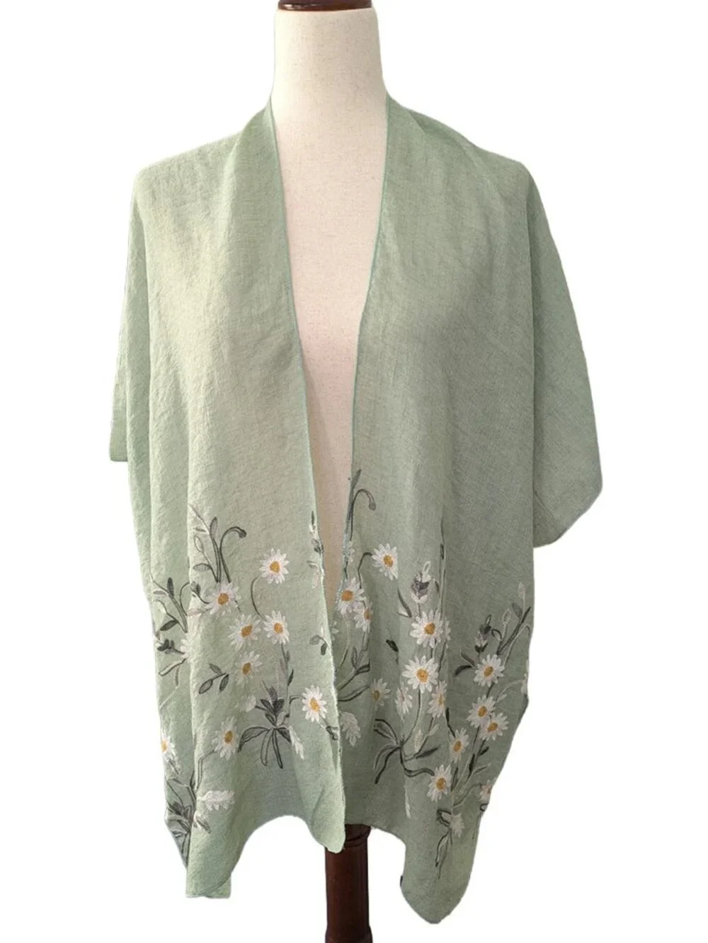 NWOT Sage Green Open-front Woven Kimono with Embroidered Daisy Hem